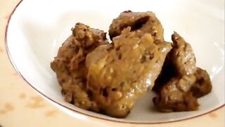 Blonde babe pooping on the plate