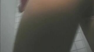 Pretty blonde lady poops in the toilet