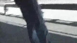 Pretty blonde in tight jeans poops outdoor