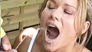 Lovely blonde girlfriend drinking pee