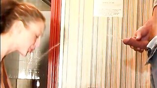 Pretty chick open's mouth for pee