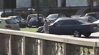 Wetting her pantyhose in the public