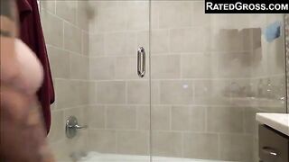 Hairy chubby lady with thick boobs teasing and pooping in the shower