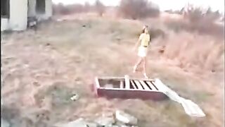 Beautiful Retro blonde girl pooping