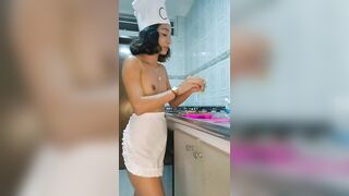 Small tits brunette girl poops in the kitchen