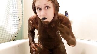 Stunning gothic babe smearing shit on her naked body