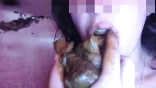 Asian horny girl eating big turd