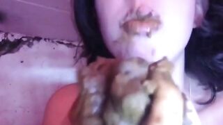 Asian horny girl eating big turd