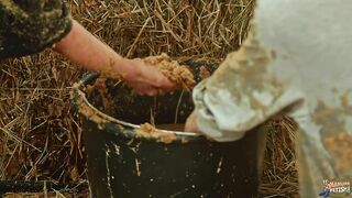 Girls plying in animal shit together