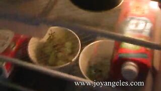 Sabrina poops in her kitchen trash