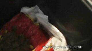 Sabrina poops in her kitchen trash