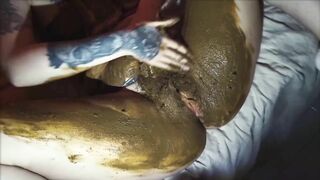 Nasty shit covered babe taking fat cock in pussy