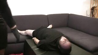Curvy brunette office babe poops on the slave