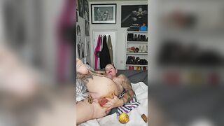 Nasty tattooed slut ass toying and shitting at home