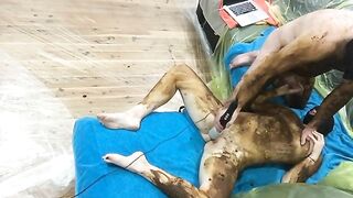 Slut gets scat covered while fucking and cum