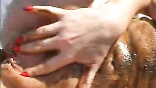 Smearing bitch bangs with dildo