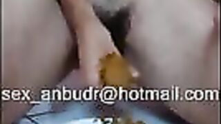 Hairy pussy milf smearing shit on the dildo