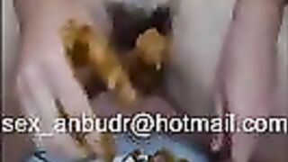 Hairy pussy milf smearing shit on the dildo