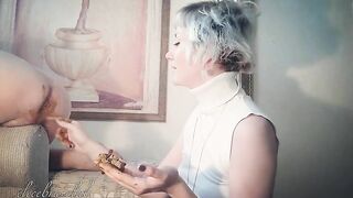 Platinum blonde licking and eating shit