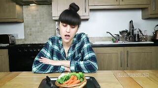 Cute teen girl making shit salad