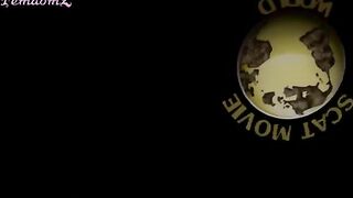 A man eats his own shit while a woman stands over him.