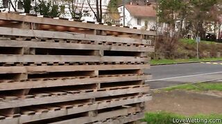 Brunette babe showing her piss in the public