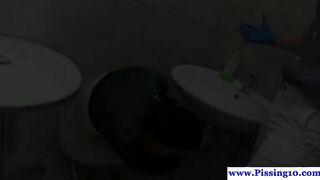 Piss fetish babe screwed in the public bathroom