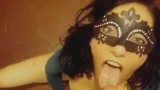 Sexy masked busty babe pissing and fingering