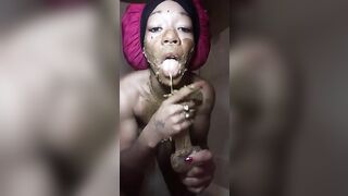 Dirty ebony lady eating shit