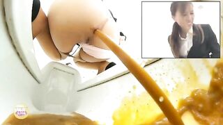 Girl takes a dump in a public restroom toilet then plays with her shit