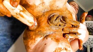 Dirty busty wife ass toying and shit smearing