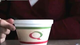 Woman pooping in toilet with a white headband