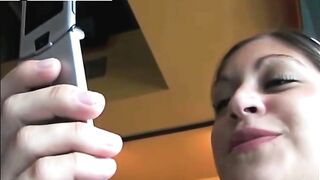 Woman pooping in toilet with a white headband