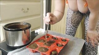Girl puts shit into muffin tray