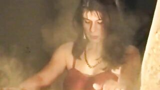 Girl makes man eat shit in a shed