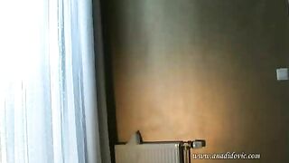 Girl squats and drops a huge shit on the tile floor