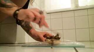 Woman eats shit straight off the tile floor