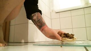 Woman eats shit straight off the tile floor