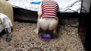 Girl shits on the floor and wipes with a mop