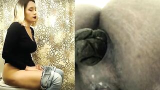 Sexy woman sits on the toilet and eats her shit
