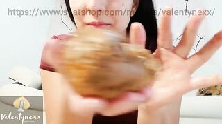 Girl spreads her asshole and takes a huge shit on her belly