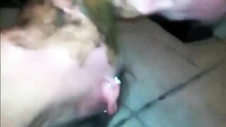 Girl eats shit from a bowl.