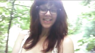 Guy squats, shits in the woods, girl stands over it