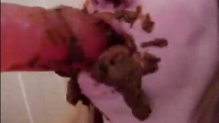 Girl eats her own shit, licking it off the floor