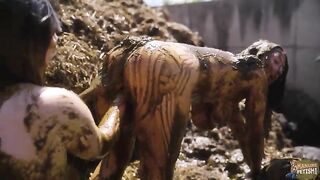 Lesbians climb dunghill in cowshit