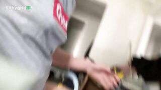 Woman sitting on a toilet in her kitchen