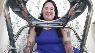 Girl sticks her face into a chair to eat shit