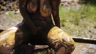 Girl licks shit from her fingers while covered in it