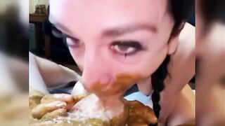 Girl sucks on a huge shit on the couch