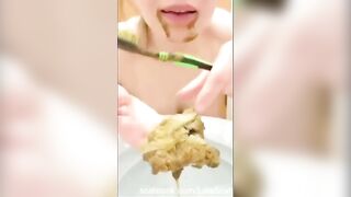 Girl eats shit off a spoon from toilet